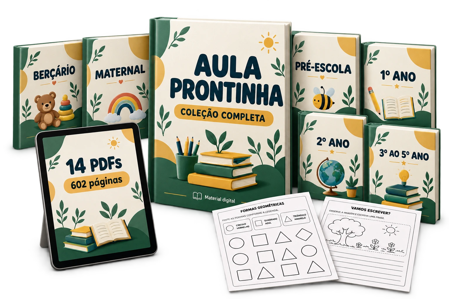 Mockup da coleção digital Aula Prontinha: volumes por etapa, tablet e folhas de atividades