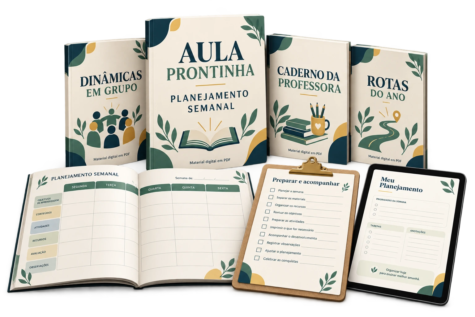 Mockup dos materiais de planejamento, dinâmicas, caderno da professora e rotas do ano